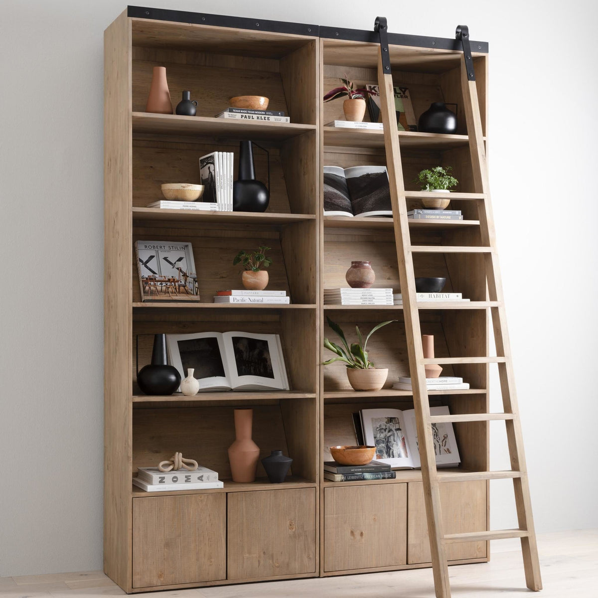 Smoked Pine Tahoe Bookshelf featuring open shelves and a stylish ladder.