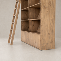 Smoked Pine Tahoe Bookshelf with ladder, featuring multiple open shelves and closed storage.