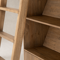 Close-up of Tahoe Bookshelf in smoked pine, showcasing the wood grain and sturdy shelves.