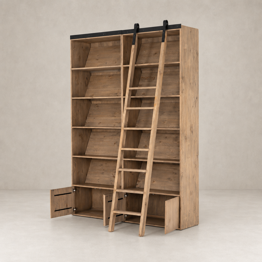 Tahoe Bookshelf in smoked pine featuring a stylish ladder and spacious shelves.