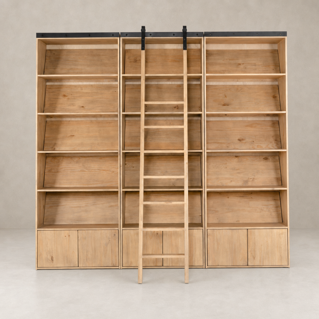 Tahoe Bookshelf in smoked pine with sleek lines and an attached ladder for access.