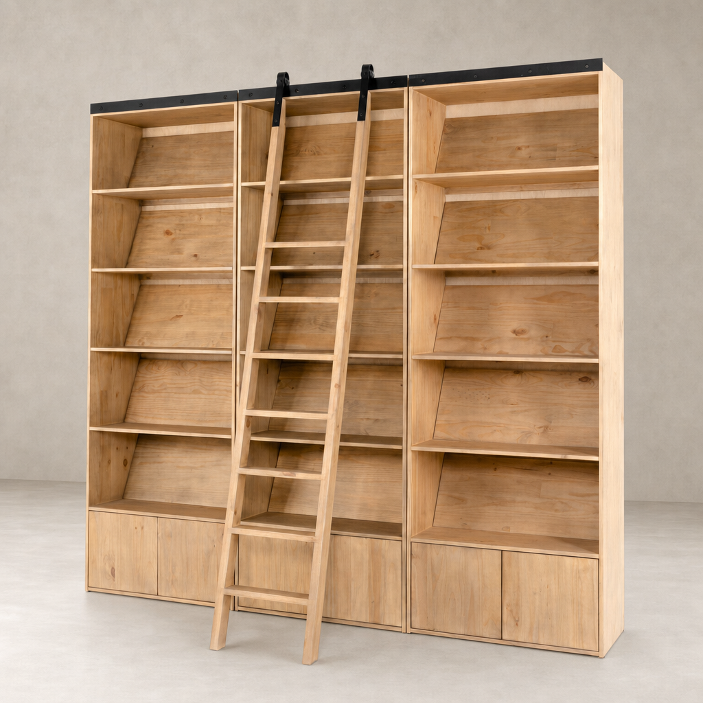 Tahoe Bookshelf in smoked pine with a stylish vertical ladder and open shelving.