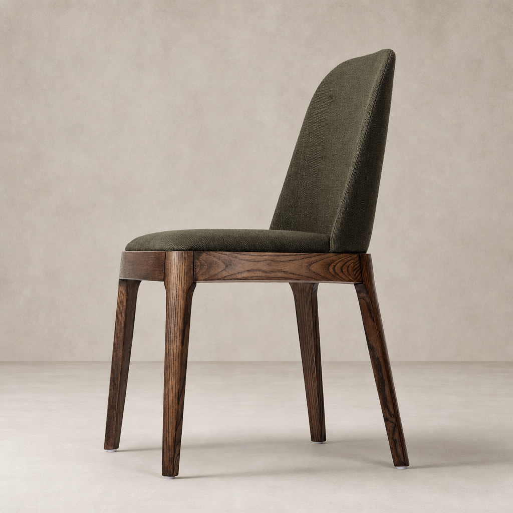 Rhys Armless Dining Chair in Bilton Olive with a stylish solid wood frame.