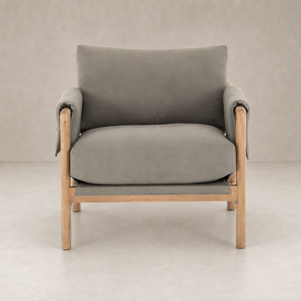 Mykonos Chair in Villa Olive with soft cushions and natural wood frame.