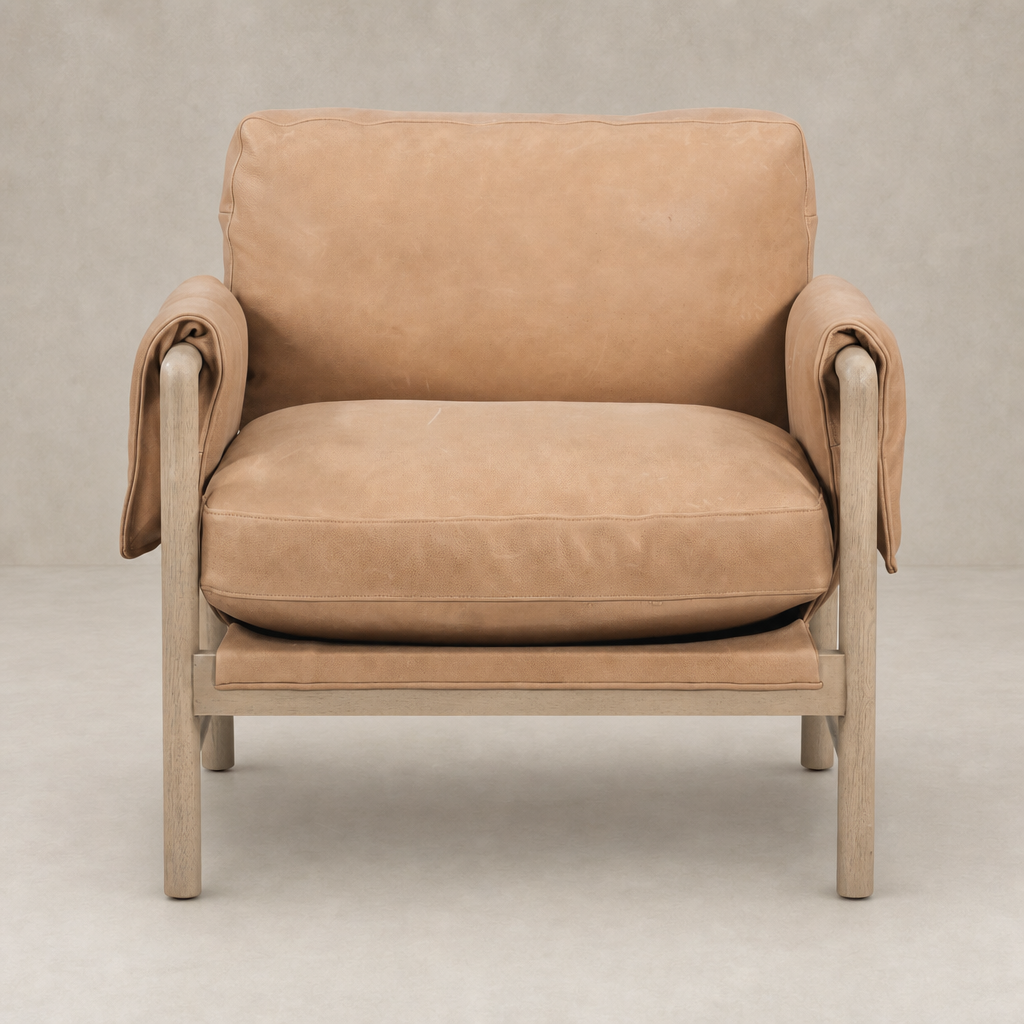 Mykonos Chair in Palermo Nude featuring soft leather upholstery and a minimalist wooden frame.