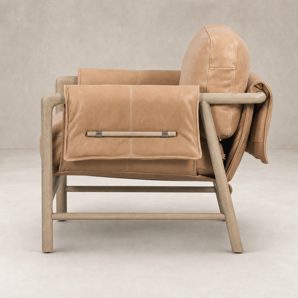 Mykonos Chair in Palermo Nude with a sleek wooden frame and fitted cushions.
