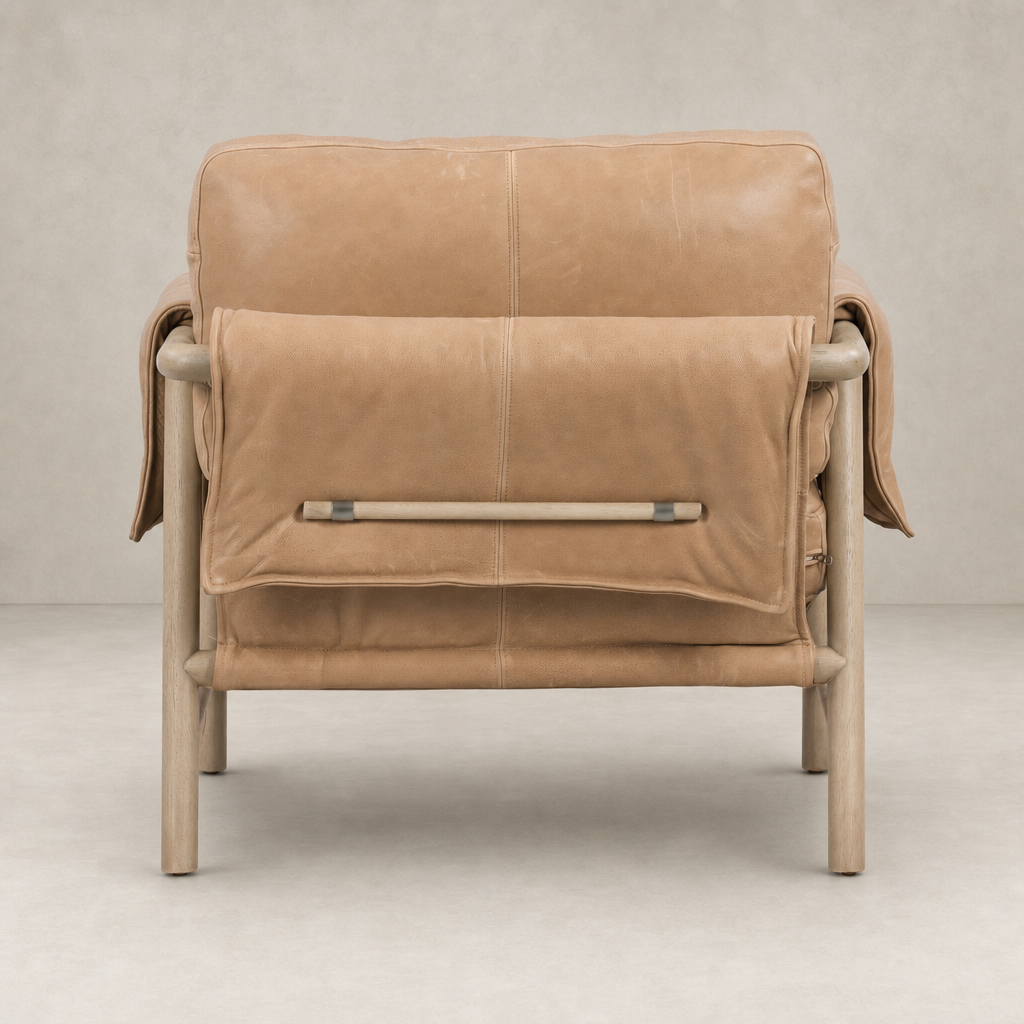 Mykonos Chair in Palermo Nude with a soft leather finish and wooden frame.