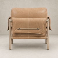 Mykonos Chair in Palermo Nude with a soft leather finish and wooden frame.