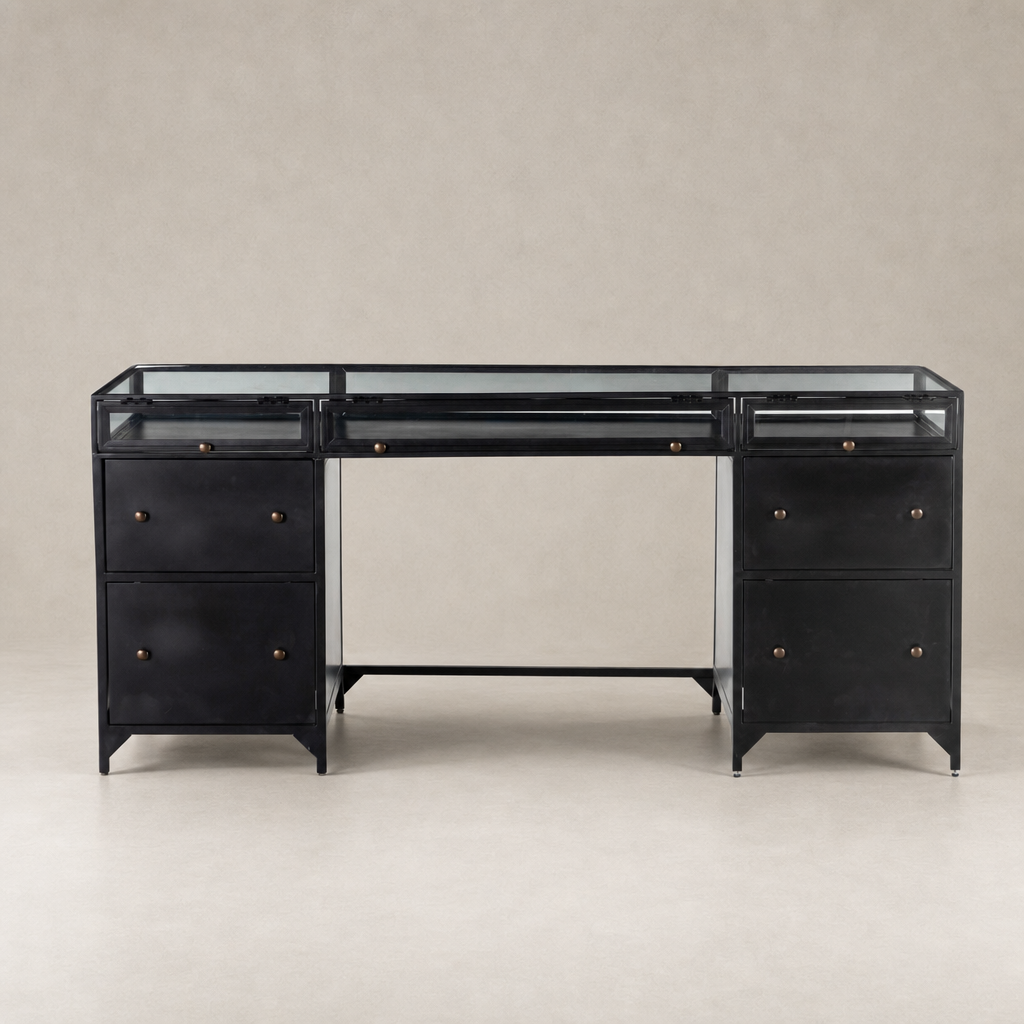 Kestrel Box Executive Desk in black with glass top and sleek drawer design.