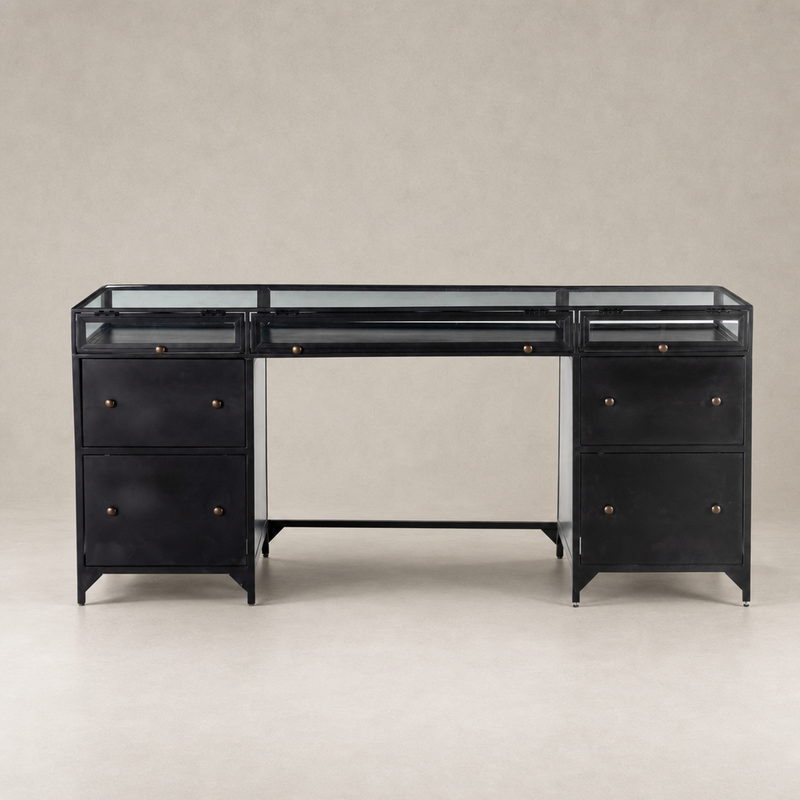 Kestrel Box Executive Desk in black with glass top and sleek drawer design.