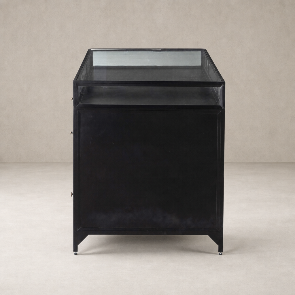 Kestrel Box Executive Desk in black with sleek lines and glass top.