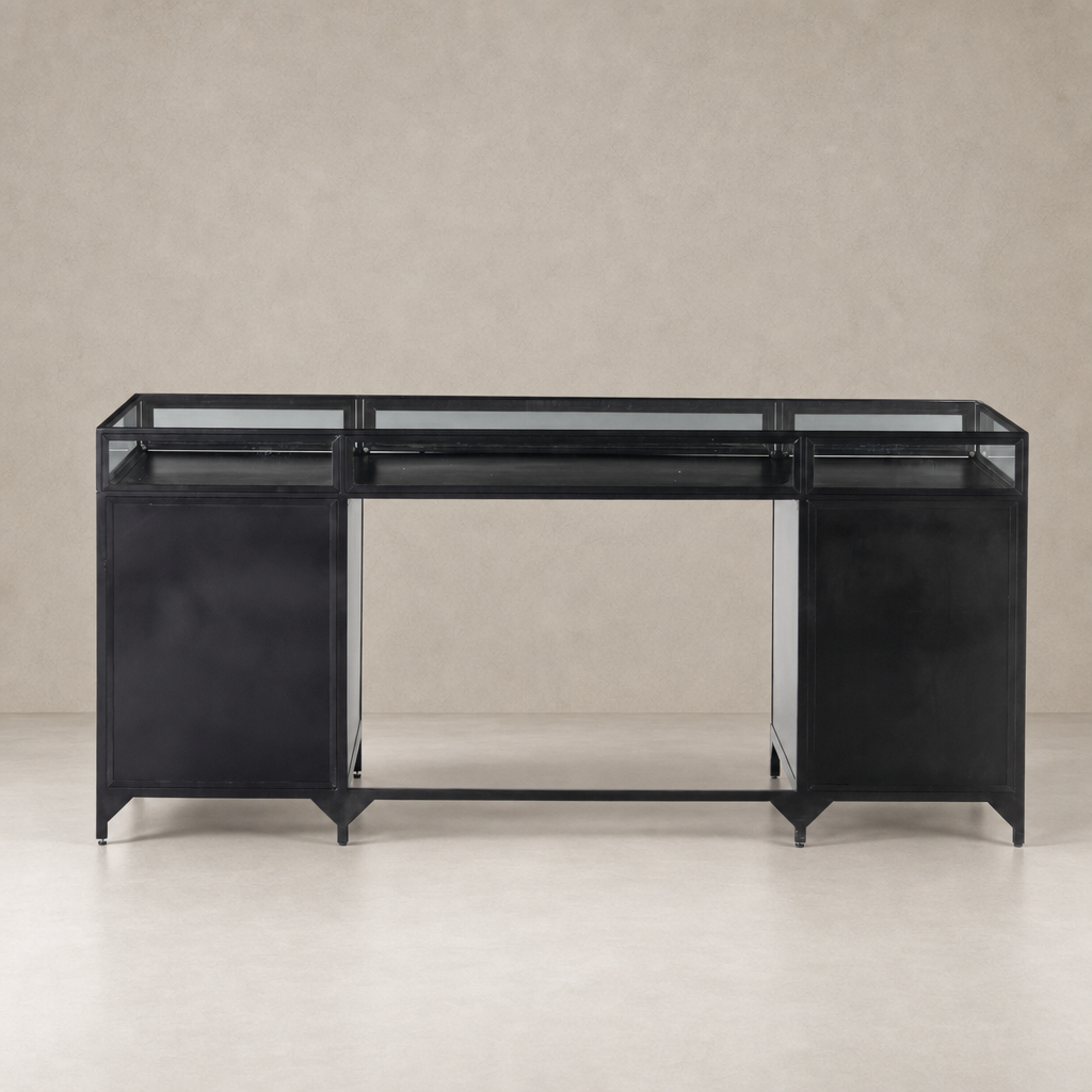 Kestrel Box Executive Desk in black with sleek glass accents and modern design.