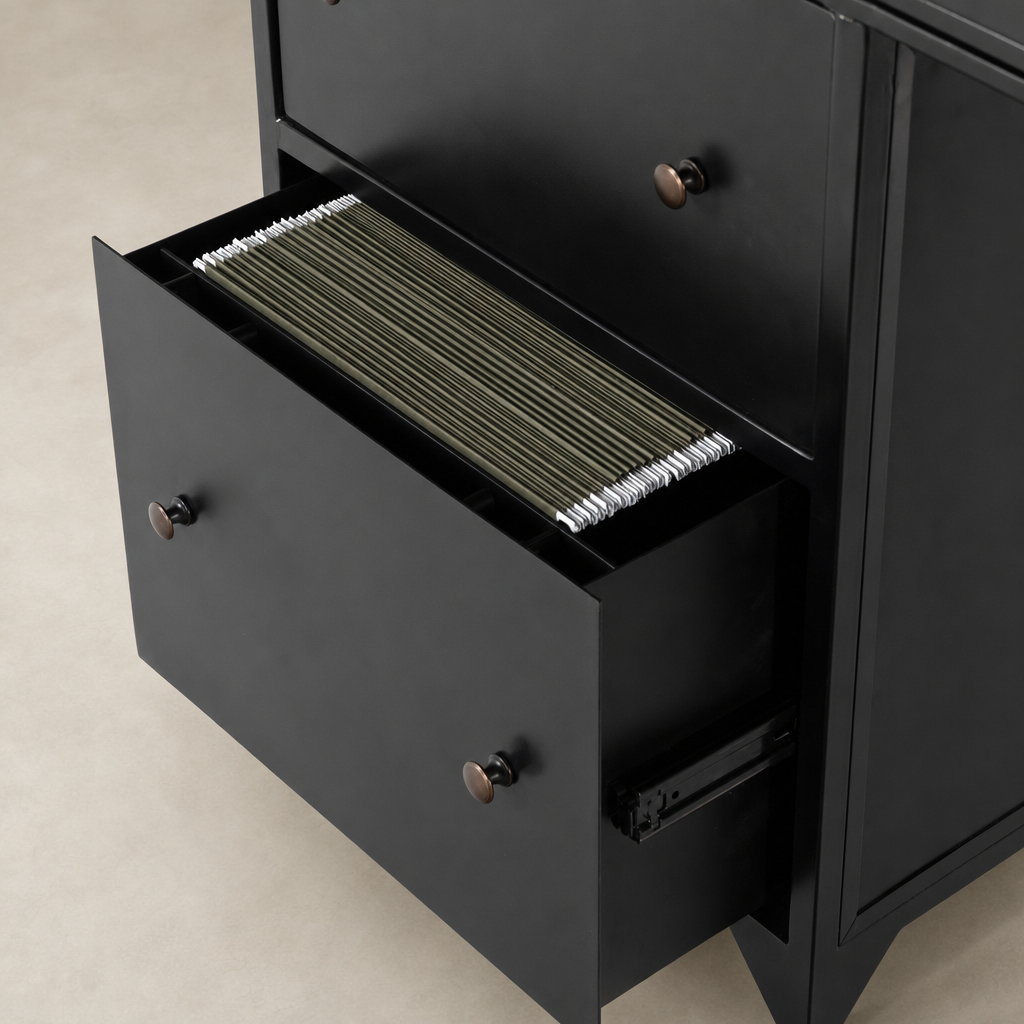 Kestrel Box Executive Desk in black with a filed drawer showcasing hanging folders.