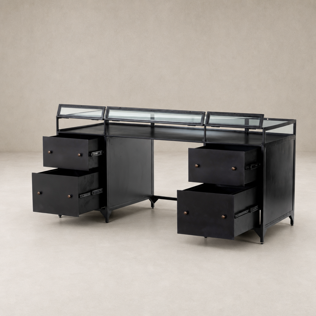 Kestrel Box Executive Desk in black with glass top and spacious storage drawers.