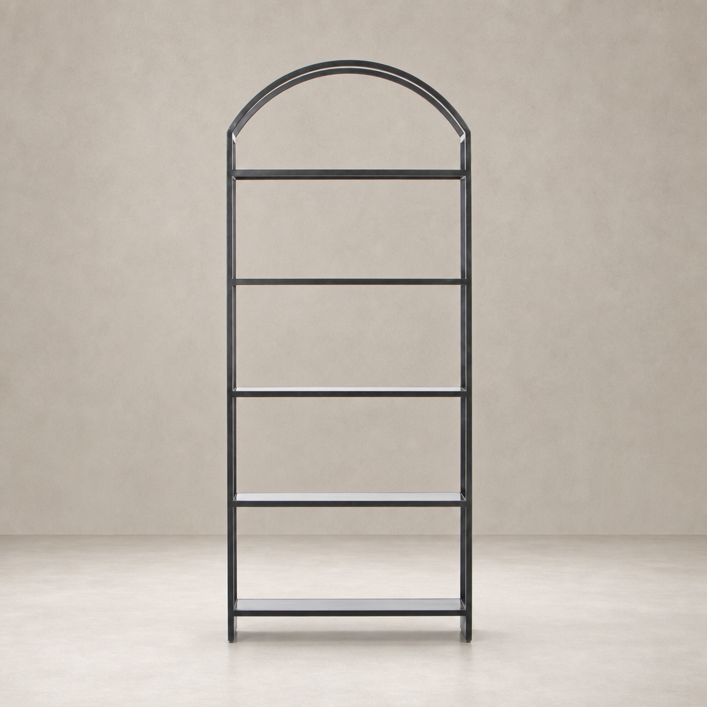 Stylish black Fez Bookcase featuring an arched top and open shelving design.