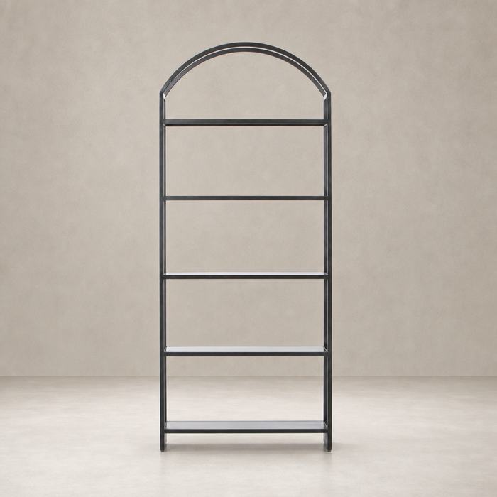 Stylish black Fez Bookcase featuring an arched top and open shelving design.