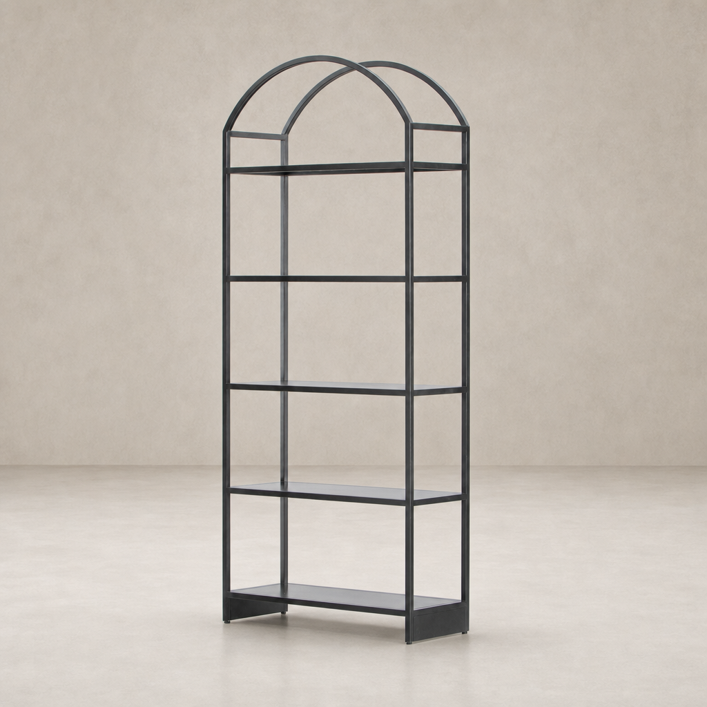 Fez Bookcase in black metal with an arched top and five spacious shelves.