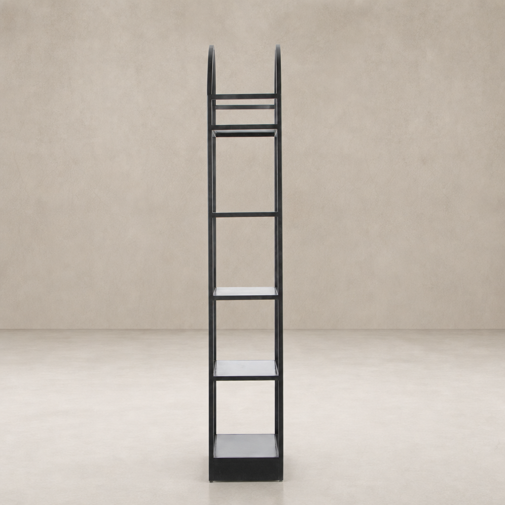 Sleek black Fez Bookcase with five open shelves and modern design.