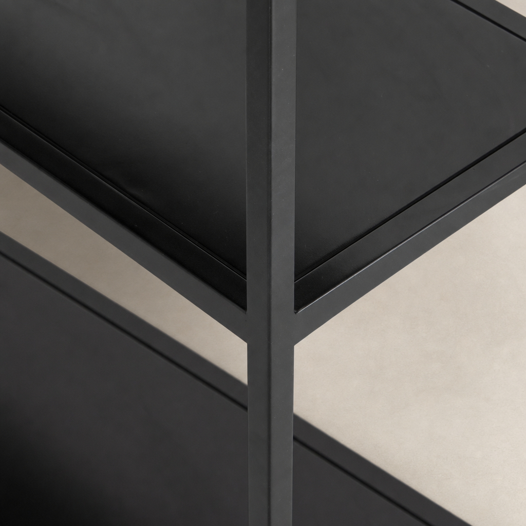 Detailed view of the Fez Bookcase in black with smooth shelves and sleek frame.