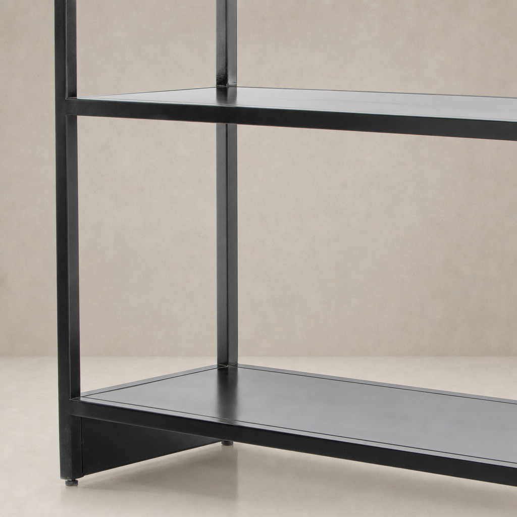 Sleek black Fez Bookcase featuring open shelves and a modern design.
