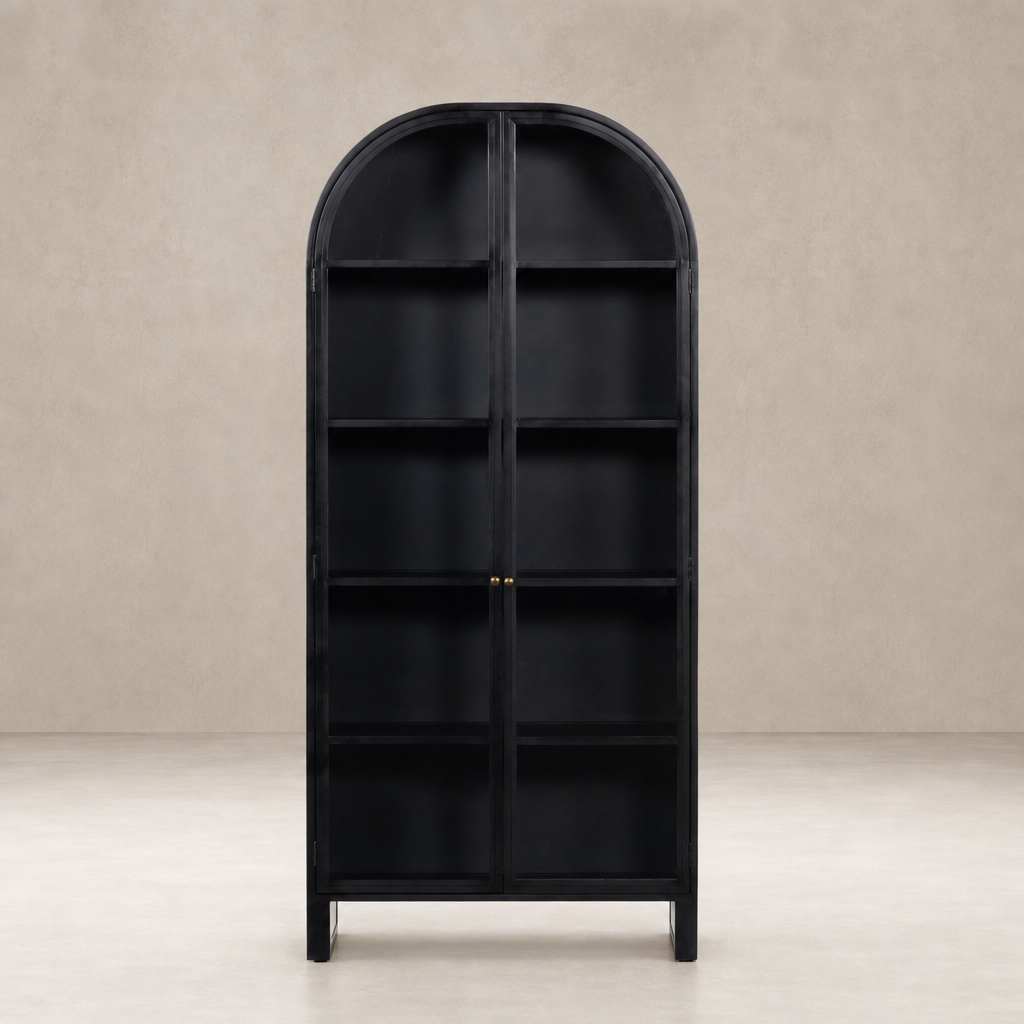 Elegant Delta Cabinet in black featuring an arched top and multiple shelves.