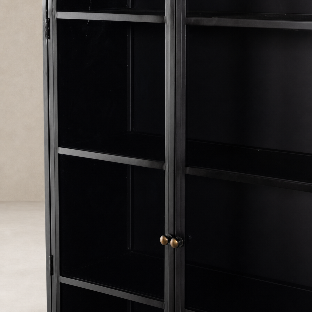 Black Delta Cabinet featuring sleek glass doors and spacious shelves for storage.