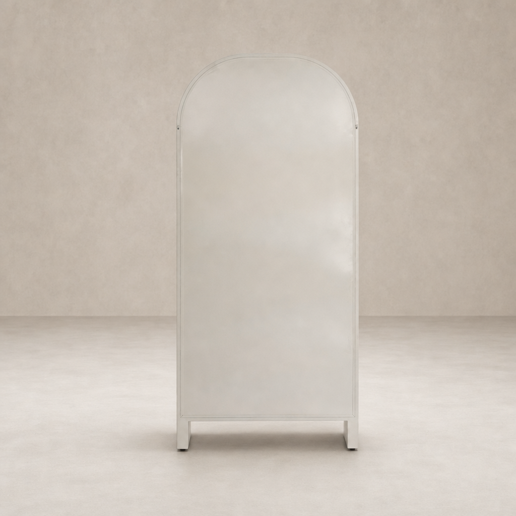 Cream powder coat Delta Cabinet with an arched top and sleek design.