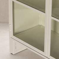 Cream powder coat Delta Cabinet with glass doors and sleek, modern design.