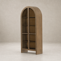 Priya Cabinet in burnished Mindi features an arched top and open shelves.