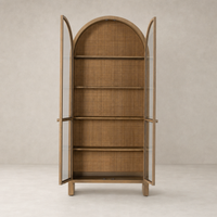 Priya Cabinet in burnished Mindi with arched top and glass doors.