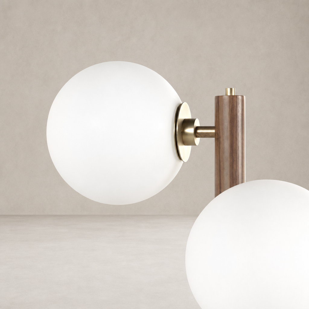 Aged brass floor lamp with white globe shades and wooden accents.