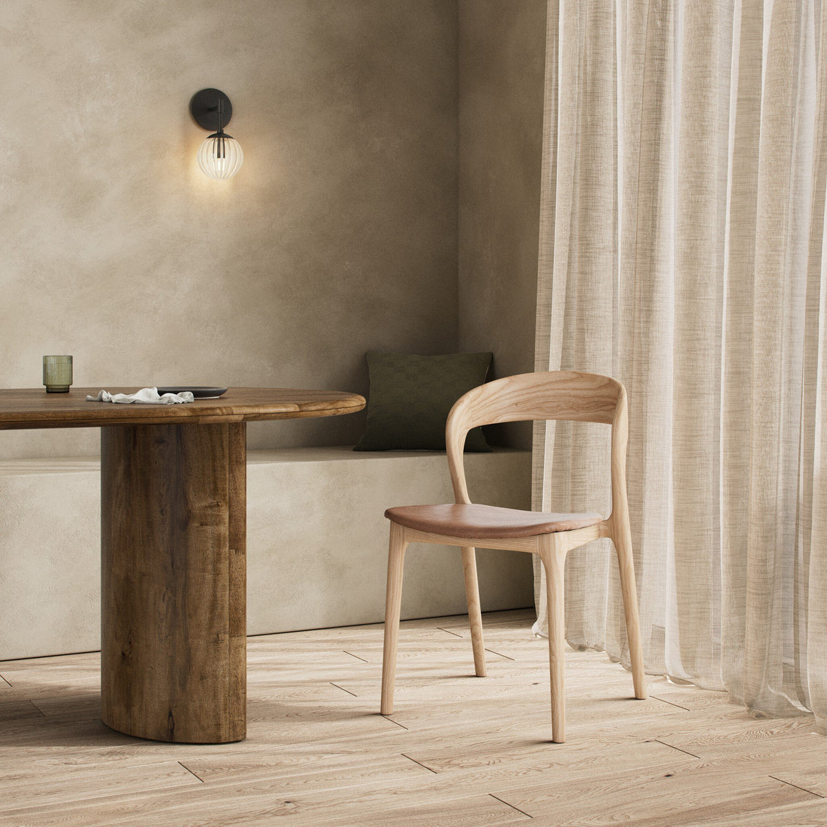 Amato Dining Chair in Sonoma Butterscotch, featuring a curved back and natural wood finish.