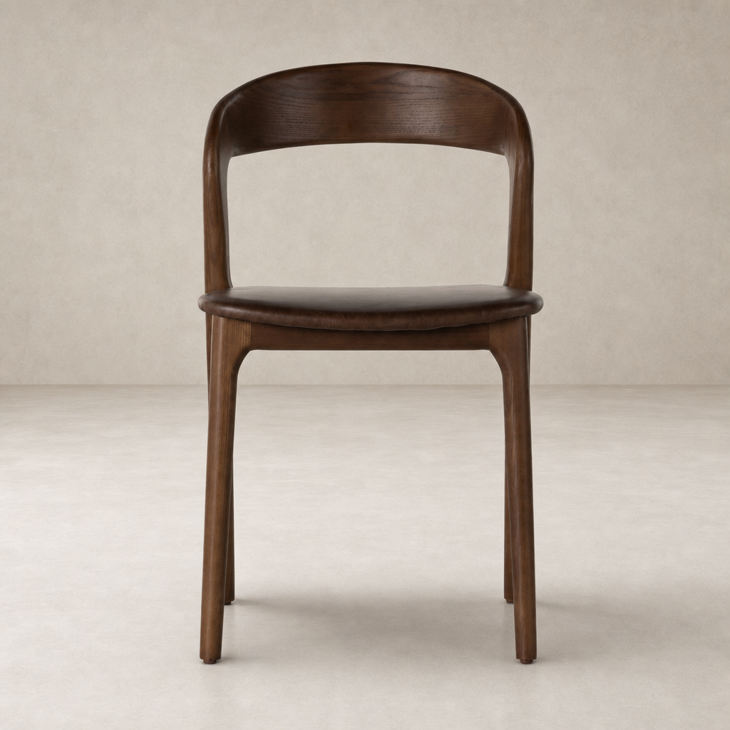 Front view of Amato Dining Chair in Sonoma Coco, featuring a curved back and sleek legs.