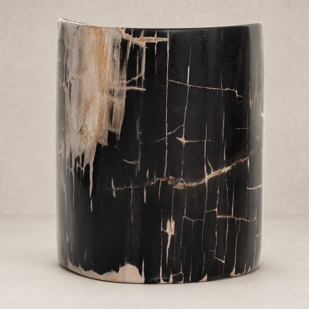 Naxos End Table showcasing a sleek, rounded design with unique black and gold marbling.