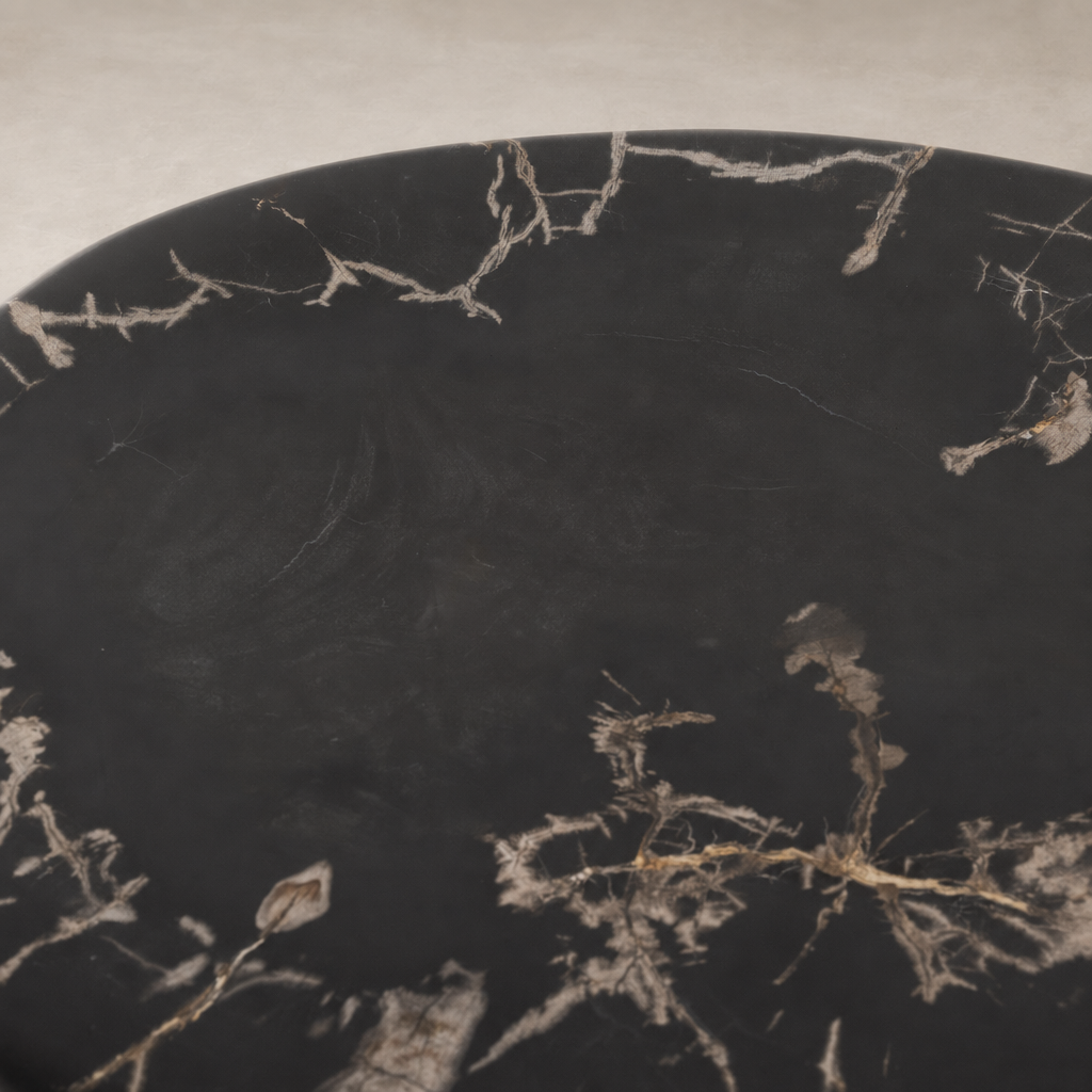 Naxos End Table with a sleek black top featuring unique gold veining details.