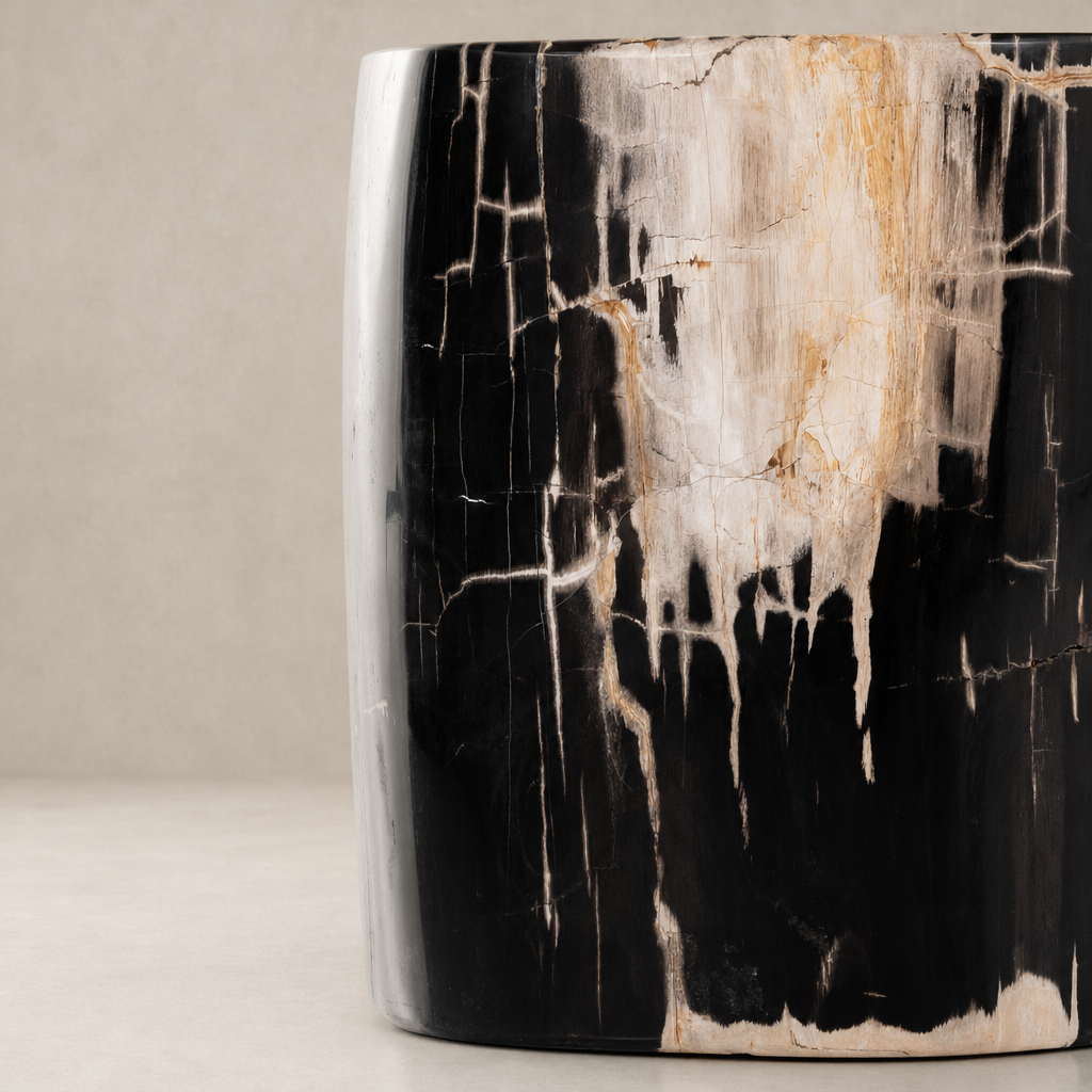 Naxos End Table features a sleek black and white marble finish with elegant veining.