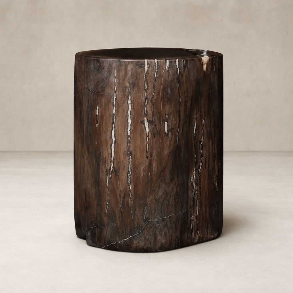 Naxos End Table with a rich, textured dark wood finish and rounded edges.