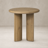 Alden End Table with round top and sturdy wooden legs in a natural finish.
