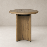 Alden End Table featuring a round top and a stylish wooden base.