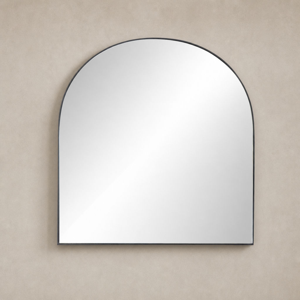 Elena Wide Mirror in matte black iron with a stylish arch shape.