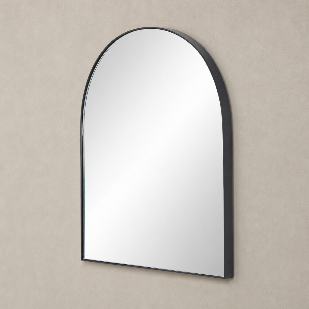 Elena Wide Mirror features a sleek, arched design with a matte black iron frame.