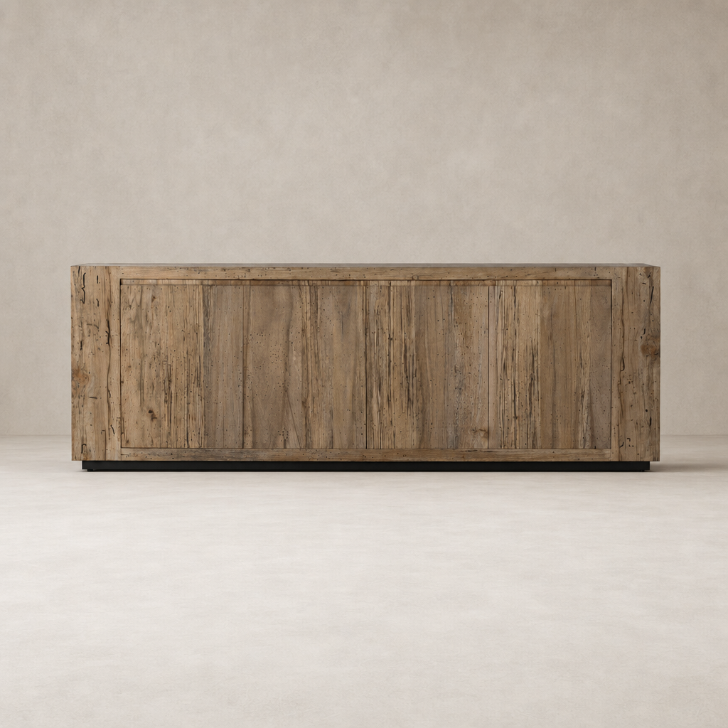 Biscay Sideboard in rustic wormwood oak, featuring a sleek rectangular design and textured finish.