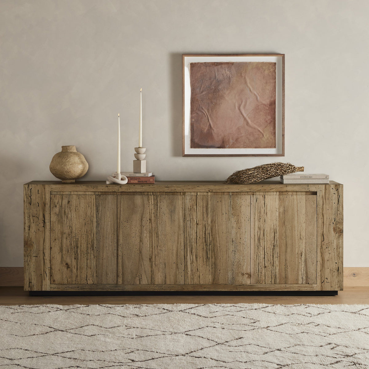 Biscay Sideboard in Rustic Wormwood Oak with textured wood finish and modern design.