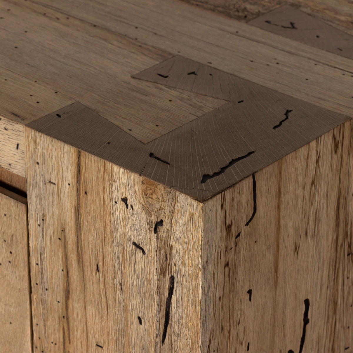 Biscay Sideboard corner detailing showcases rustic wormwood oak texture and finish.