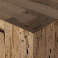 Biscay Sideboard corner detailing showcases rustic wormwood oak texture and finish.