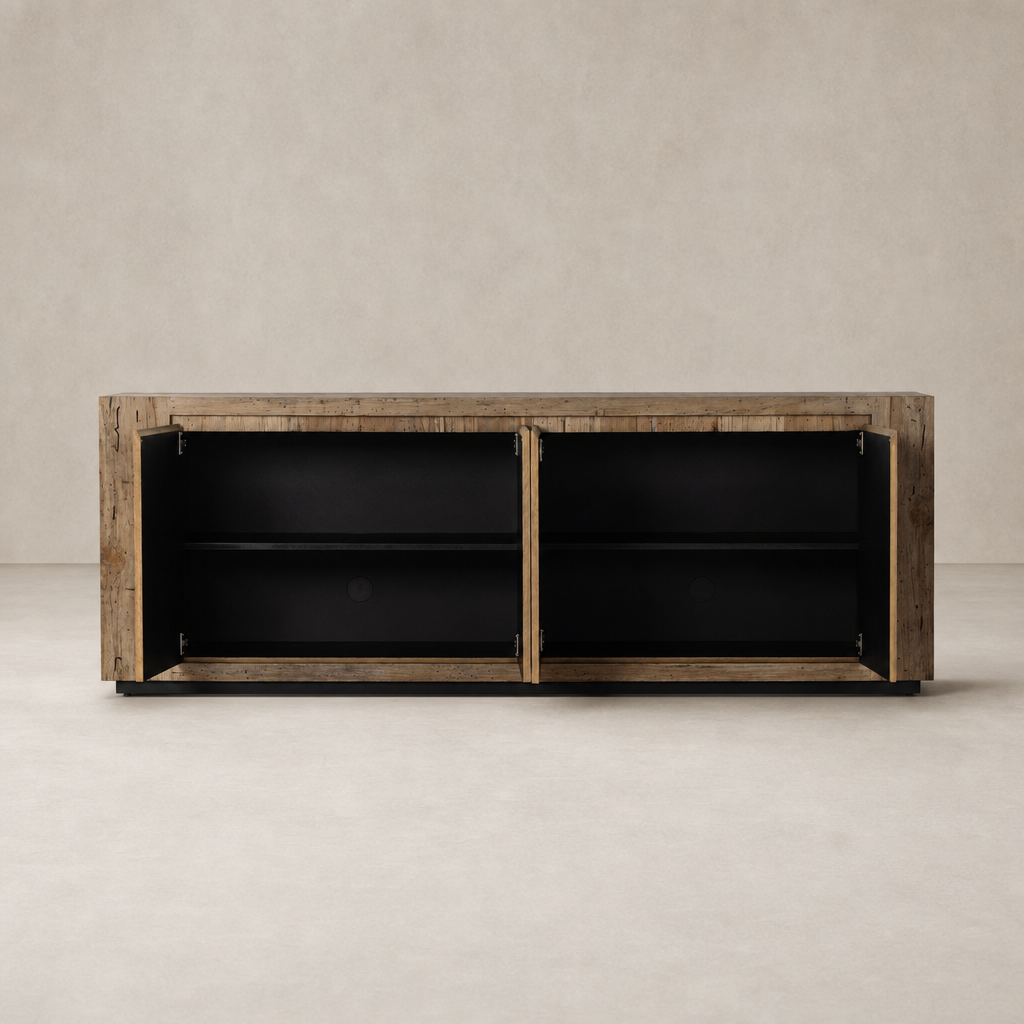 Rustic Wormwood Oak Biscay Sideboard with open storage compartments and sleek design.