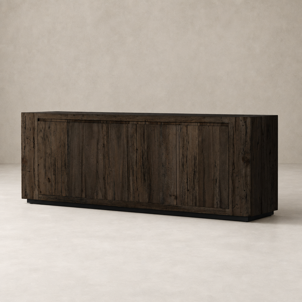 Biscay Sideboard in ebony rustic wormwood oak featuring a sleek, modern design.