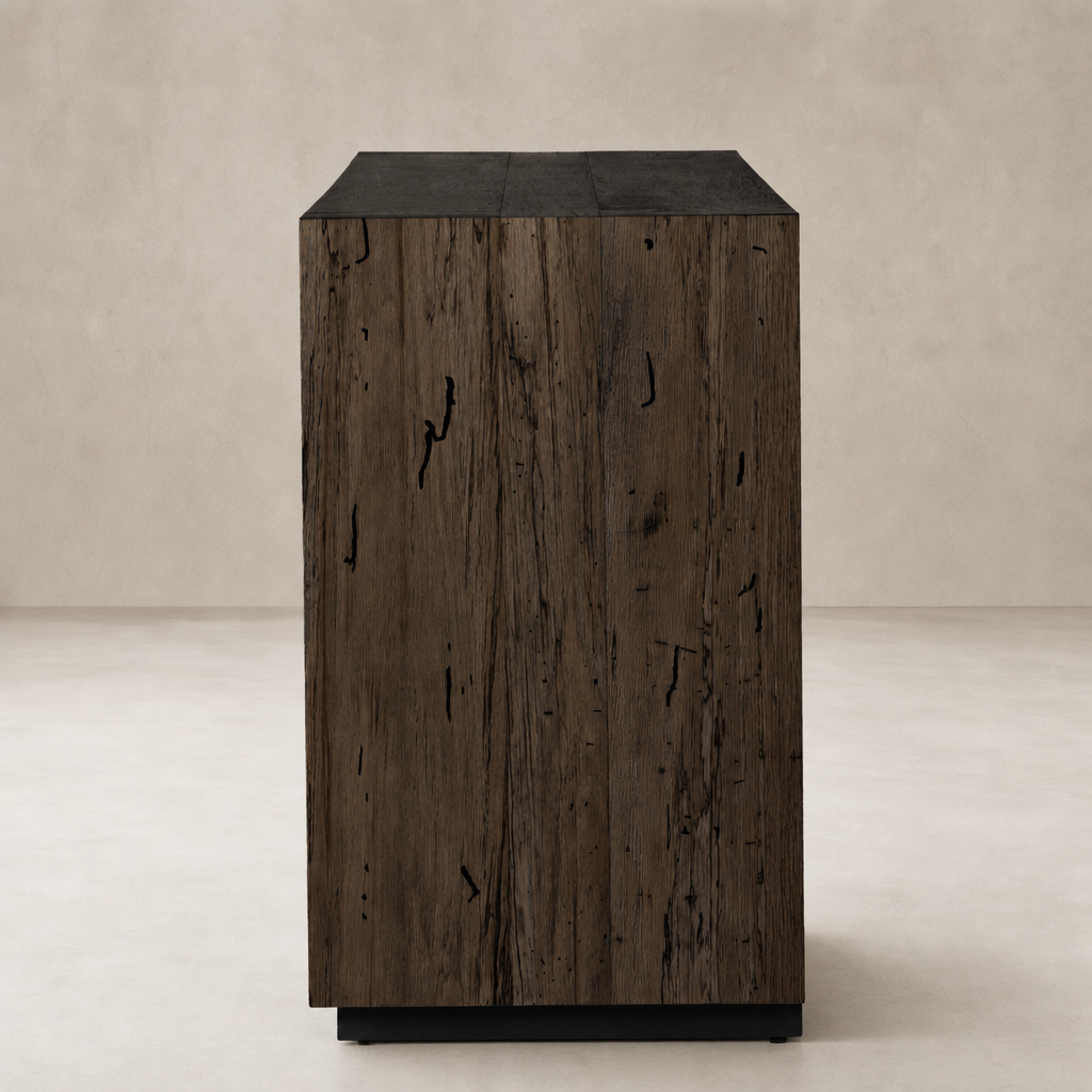 Biscay Sideboard in ebony rustic wormwood oak with textured, unique wood grain finish.