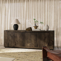 Biscay Sideboard in ebony rustic wormwood oak with a sleek, modern design.
