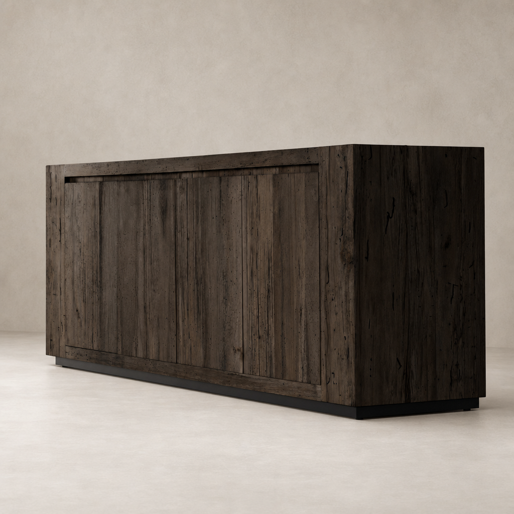 Biscay Sideboard in ebony rustic wormwood oak with sleek lines and textured finish.